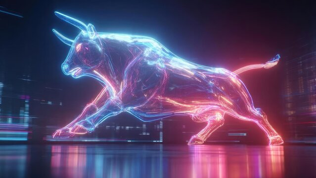 A neon holographic bull glowing in blue and pink, charging across a futuristic cityscape. Concept Futuristic cityscape, Neon holographic bull, Blue and pink glow, Dynamic motion, Cyberpunk art