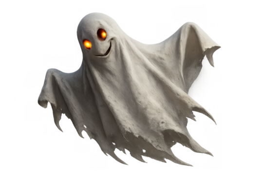 Friendly halloween ghost with glowing orange eyes and a smiling face, floating on a transparent background