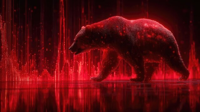 A glowing red bear-like creature walks through a neon, particle-filled digital landscape. Concept Glowing red bear-like creature, Neon digital landscape, Particle-filled environment