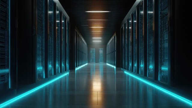 A futuristic data center aisle with rows of glowing server racks and blue neon lighting along the floor. Concept Futuristic Data Center Aisle, Glowing Server Racks, Blue Neon Floor Lighting - Powered by Adobe