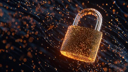 A glowing padlock made of orange light particles against a dark, techy background. Concept Glowing orange padlock, light-particle graphics, cybersecurity motif, dark tech background