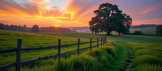 Serene Sunset Over Green Pastures and Majestic Oak Tree with Beautiful Clouds Illuminated by Golden Sunlight in a Tranquil Landscape