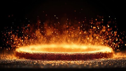 Ring of glowing orange embers and sparks forming fire around a bright rim against a dark background. Concept Fiery ring of embers, Glowing orange rim, Fire circle against dark background