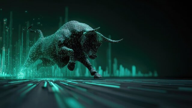 A neon teal wireframe bull sprinting across a digital neon landscape. Concept Neon teal wireframe bull, Digital neon landscape, Motion and speed in art, Futuristic geometric design