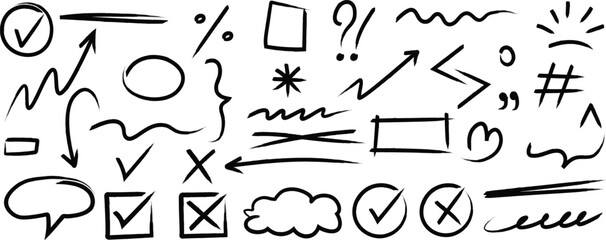 Hand Drawn Doodle Elements Set – Sketch Symbols and Marker Signs Vector on Transparent Background