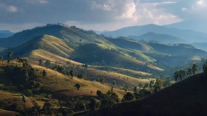 Rolling green hills and valleys with scattered trees under a partly cloudy sky. Concept Rolling Hills, Green Valleys, Scattered Trees, Partly Cloudy Sky, Landscape Photography