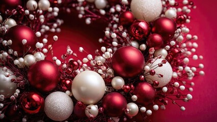 Festive Christmas wreath adorned with red, white, and pearl baubles and tiny white berries. Concept Festive Wreath, Christmas Decor, Red White Pearl Baubles, Berry Accents, Winter Greens