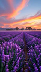 Obraz premium Serene Sunrise Over Lavender Fields with Vibrant Purple Blossoms and Dramatic Sky at Dawn