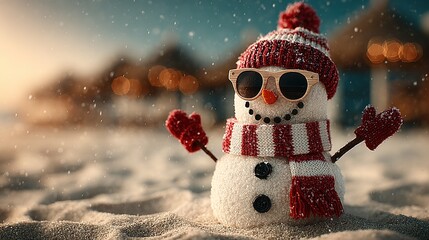 Sunny beach Christmas snowman in red Santa hat & shades, coconut palms & turquoise sea, fun holiday vibe for New Year card, social post or travel promo.