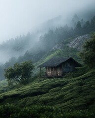 Nature Image (Misty, Mountains, Tea, Wooden House)
