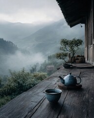 Nature Image (Misty, Mountains, Tea, Wooden House)