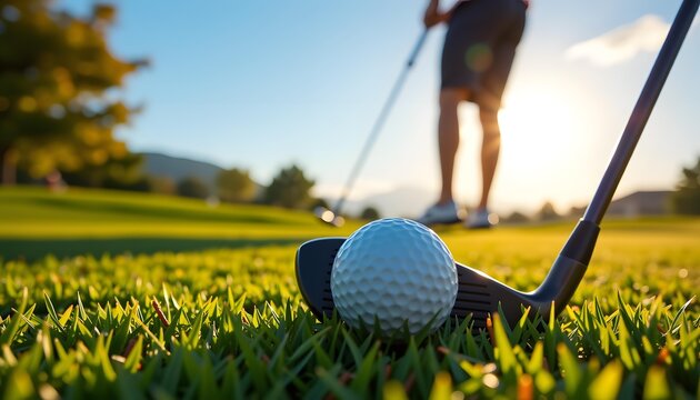 Close-Up of a Golf Ball and Club with Player Preparing to Swing on a Sunny Day in a Scenic Golf Course Setting - Powered by Adobe