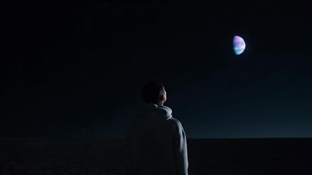 Alone with the cosmos, pondering existence under a distant planet's glow