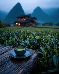 Nature Image (Misty, Mountains, Tea, Wooden House)