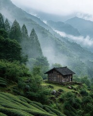 Nature Image (Misty, Mountains, Tea, Wooden House)
