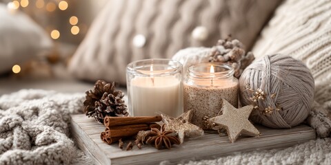 Wooden tray with candles and cinnamon sticks on it