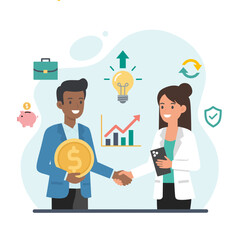 Business man and woman hand shake vector flat character with simple color