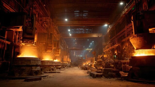 Inside a steel foundry, giant molten metal furnaces glow orange amid heavy machinery and industrial scaffolding. Concept Industrial Photography, Steel Foundry, Molten Metal Glow, Heavy Machinery