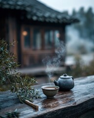 Nature Image (Misty, Mountains, Tea, Wooden House)