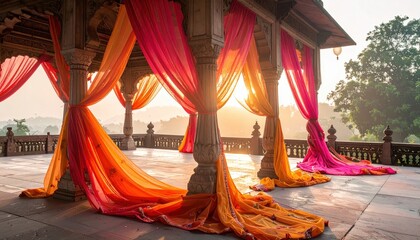 Colorful fabric draped on pillars celebrating an Indian ceremony