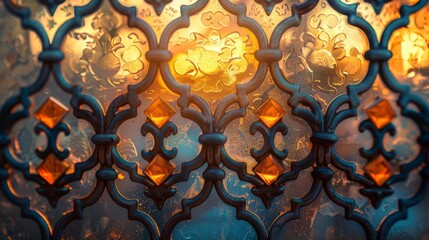 Intricate Stained Glass Window Design Illuminating Warm Tones with Decorative Ironwork and Abstract Patterns Creating a Vintage Aesthetic