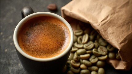 Rich Coffee Aroma A Dark Mug of Espresso and a Bag of Green Coffee Beans