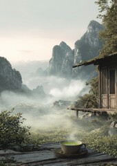 Nature Image (Misty, Mountains, Tea, Wooden House)