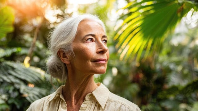 Elderly woman with silver hair in a light beige shirt stands in a sunlit tropical garden, gazing upward with a calm expression. Concept Elegant elderly woman, Silver hair, Light beige shirt