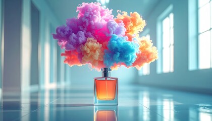 Colorful Perfume Bottle With Bursting Scent Clouds