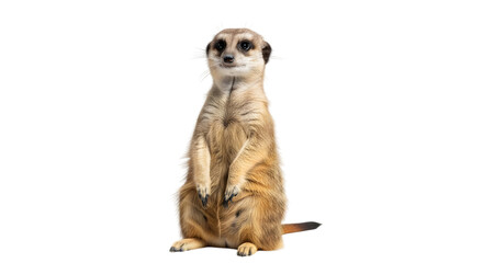 Alert meerkat standing upright on black background looking directly at camera