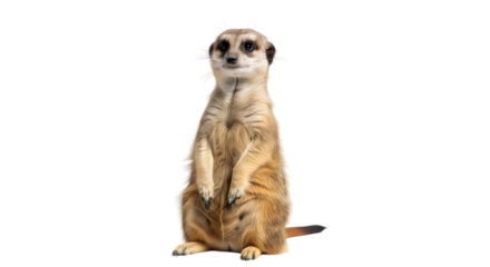 Alert meerkat standing upright on black background looking directly at camera