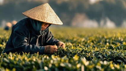 A tea picker in a field wearing a conical straw hat, harvesting tea leaves. Concept Tea picking in a field, Conical straw hat, Tea leaves harvest, Rural agricultural portrait