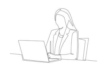 Businesswoman working using laptop. Working on laptops concept one-line drawing