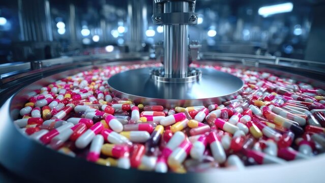 Colorful capsules on an automated pharmaceutical production line, circling a metallic filling disc in a high-tech factory. Concept Pharmaceutical Manufacturing, Automated Production Line