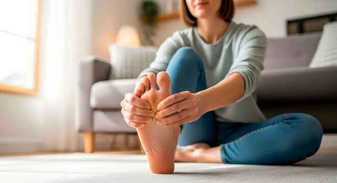Woman massaging her aching foot at home on floor. Self care and health concept. Relaxation and pain relief for tired feet.