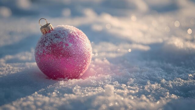 Pink glittery Christmas ornament sitting on snow, frost crystals glittering in soft winter light. Concept Glittery pink Christmas ornament, Snowy winter scene, Frost crystals sparkling