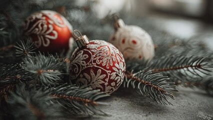 Red Christmas baubles with silver glitter patterns nestled among pine branches. Concept Red Christmas baubles, Silver glitter patterns, Pine branches, Holiday decor