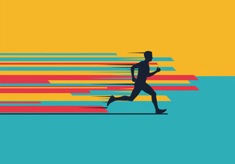 Dynamic silhouette of a male runner with colorful speed lines on a vivid abstract background