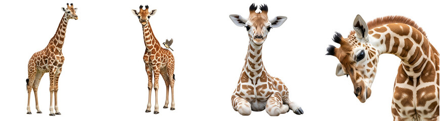 A collage of four giraffe images showcasing different poses and perspectives of the animal against solid color on transparent background