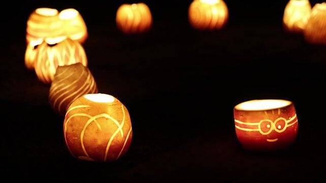 Carved turnips with glowing candles, traditional autumn light decor