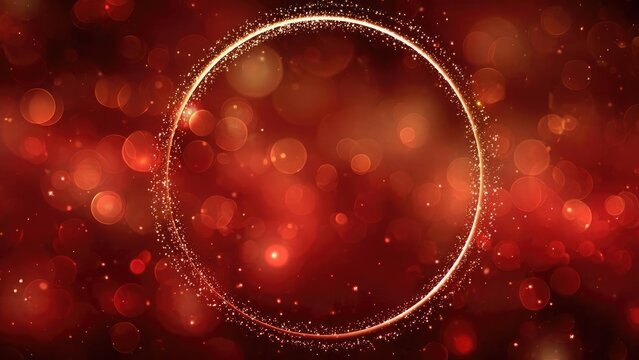 A glowing gold circle made of sparkling particles against a red bokeh background. Concept Golden Circle, Sparkling Particles, Red Bokeh Background, Glowing Effect, Abstract Lighting - Powered by Adobe