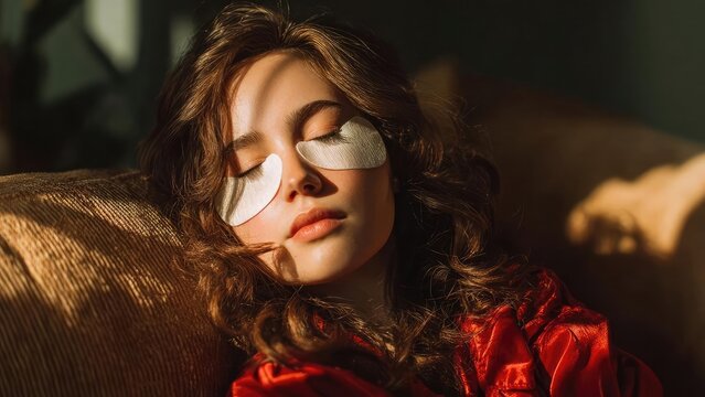 Young woman with under-eye gel patches, eyes closed, basking in warm sunlight, wearing a red satin top. Concept Sunlit portrait, Red satin top, Under-eye patches, Eyes closed serenity - Powered by Adobe