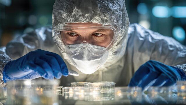 A scientist in a full protective suit and goggles inspects Petri dishes on a lab bench. Concept Scientist in full protective suit and goggles in a microbiology lab