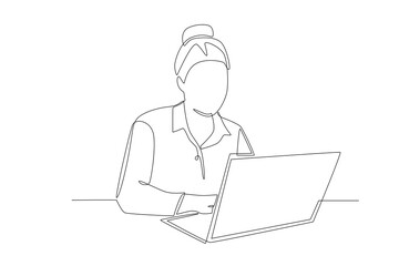 Businesswoman working using laptop. Working on laptops concept one-line drawing