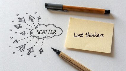 Conceptual flatlay drawing of a scattered cloud design with arrows