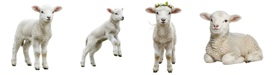 Fototapeta premium Four lambs in various poses against a plain backdrop, one wearing a floral crown on its head on transparent background