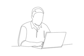 Male businessman working using laptop. Working on laptops concept one-line drawing