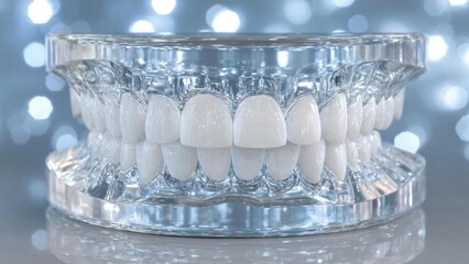 Clear dental model of upper and lower teeth, resembling dentures. Concept Clear dental model, dentures-style teeth, upper and lower teeth, dental education tool, prosthodontics illustration