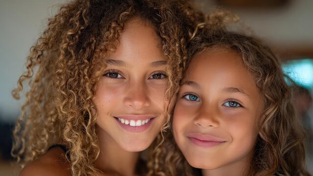 Two girls with curly hair and blue eyes smile at the camera, close together in a friendly selfie. Concept Curly-haired friends selfie, Blue-eyed smiles, Close-knit duo, Joyful portrait moment