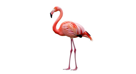 Isolated pink flamingo standing tall against a dark background in studio shot